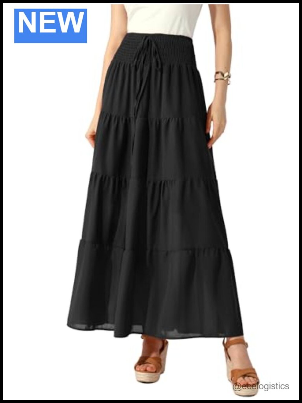 Boho Maxi Skirt Smocked A-Line Tiered Flowy Sleeveless Elastic Waist
